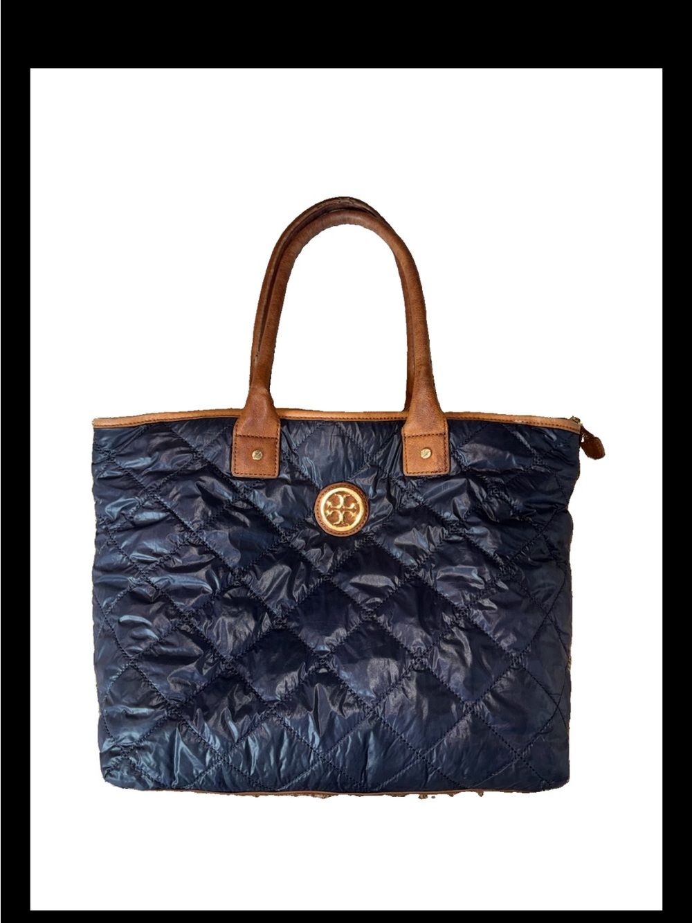 Tory Burch Ella Quilted Nylon Tote Navy & Cognac Large Shoulder Bag